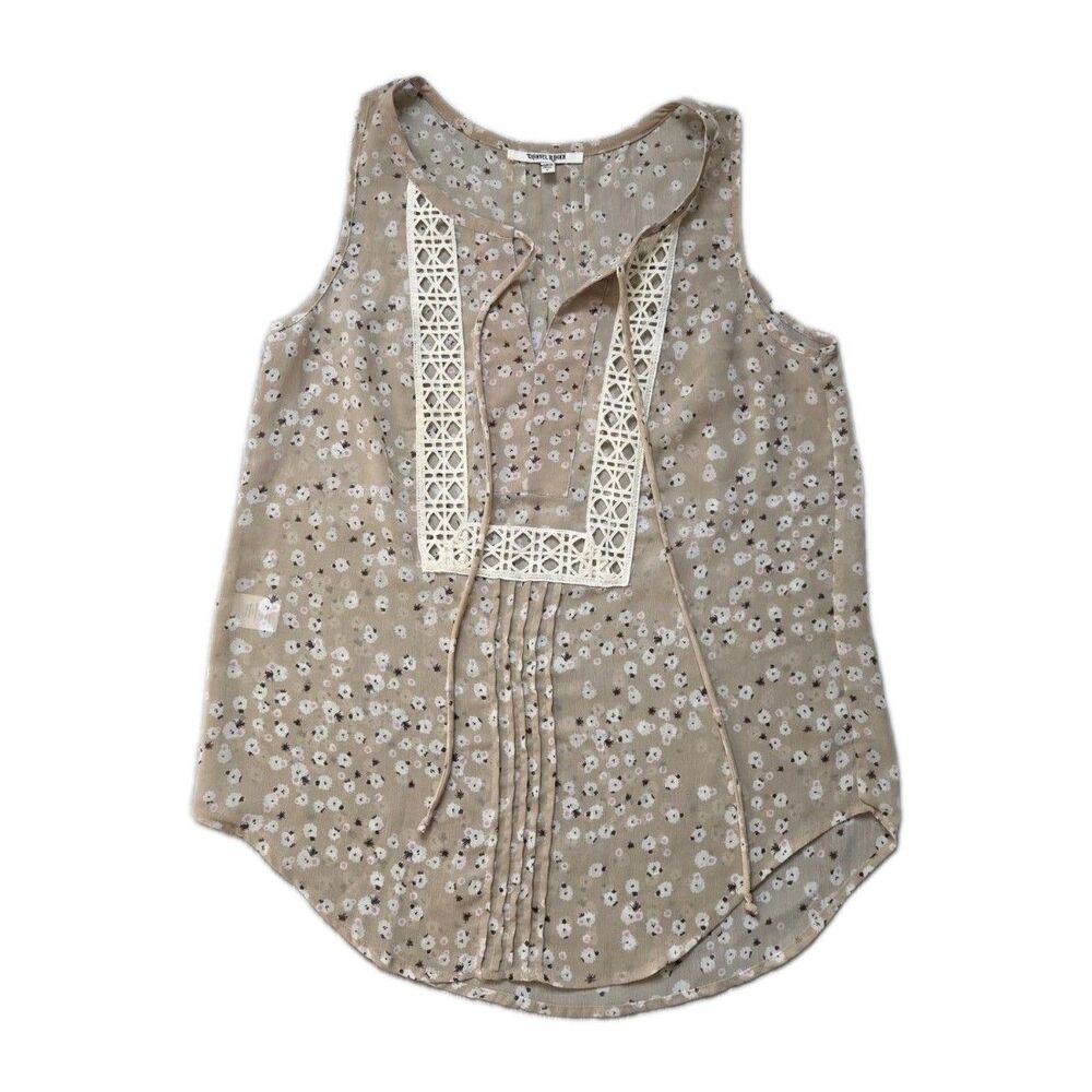 Daniel Rainn Tan Floral Crochet Trim Sleeveless Blouse Boho Top Size S EUC